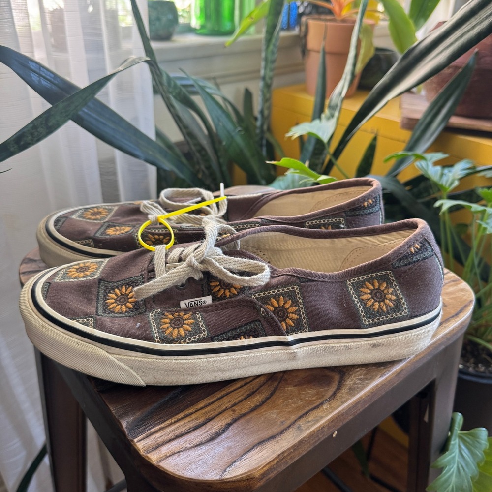 Vans Authentic Brown Sunflower Checkerboard Embroidered Sneakers Mens 10.5